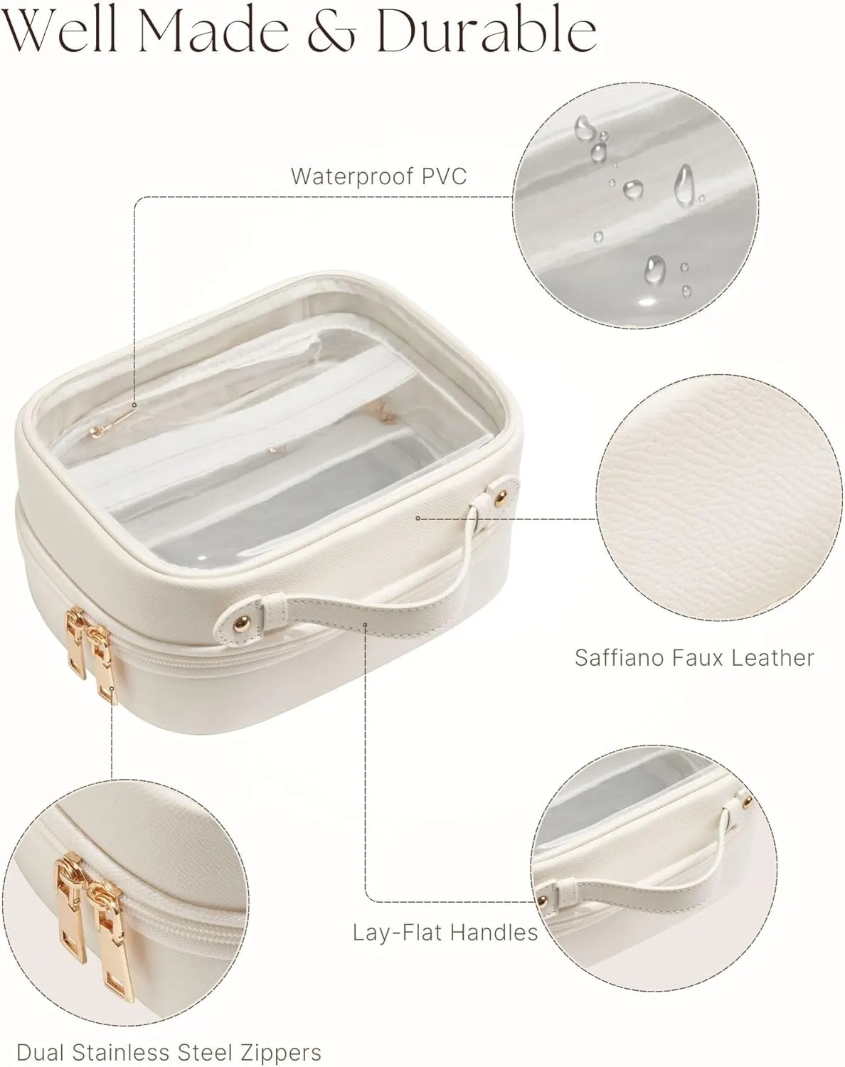 Clear Cosmetic Bag Double Layer Travel Toiletry Bag White Makeup Bag Case with 4 Compartments, Transparent Travel Bag for Toiletries, TSA Approved Toiletry Case for Women (White)