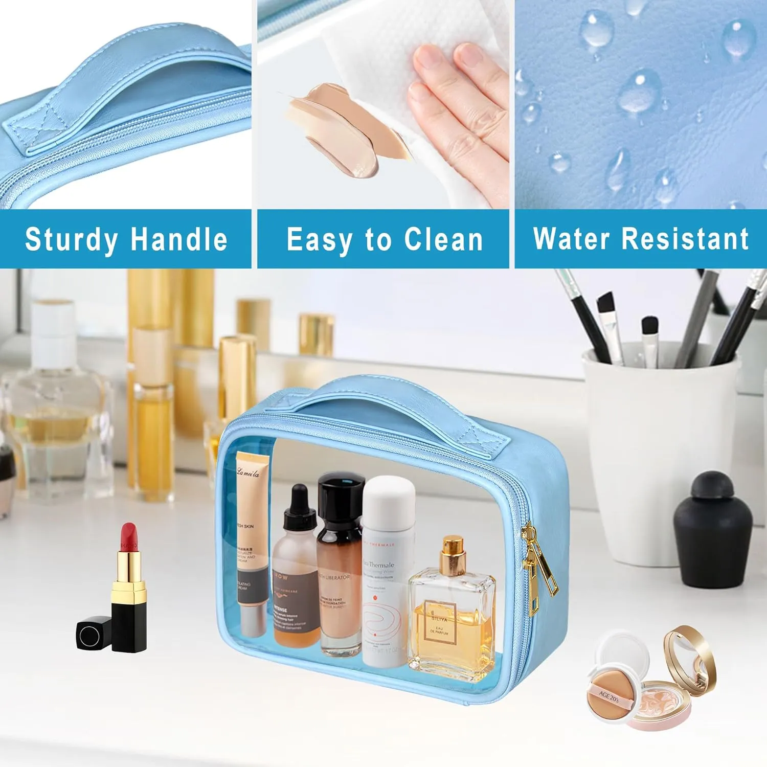 Clear Cosmetic Bags 3pack Makeup Toiletry Bag with Handle Travel Essentials for Men and Woemn Blue 3Pcs