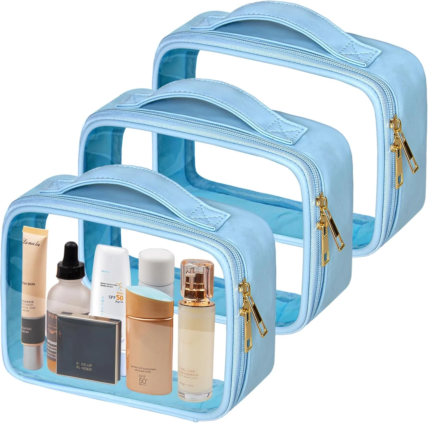 Clear Cosmetic Bags 3pack Makeup Toiletry Bag with Handle Travel Essentials for Men and Woemn Blue 3Pcs