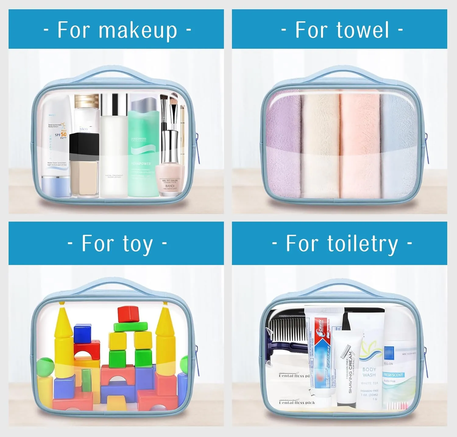 Clear Cosmetic Bags 3pack Makeup Toiletry Bag with Handle Travel Essentials for Men and Woemn Blue 3Pcs