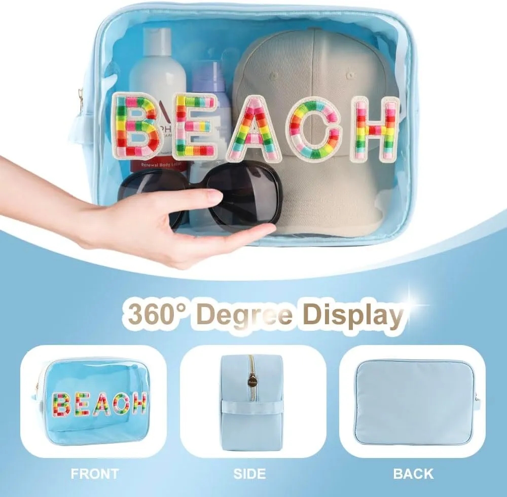 Clear Extra Large 3D Embroidery Patches BEACH Pouch Preppy Transparent TPU and Nylon Cosmetic Pouch Women (X-Large, IceBlue-Beach)