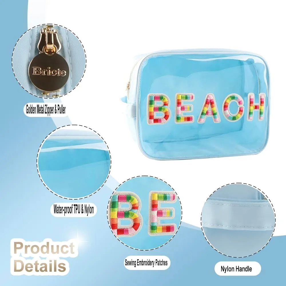 Clear Extra Large 3D Embroidery Patches BEACH Pouch Preppy Transparent TPU and Nylon Cosmetic Pouch Women (X-Large, IceBlue-Beach)