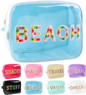 Clear Extra Large 3D Embroidery Patches BEACH Pouch Preppy Transparent TPU and Nylon Cosmetic Pouch Women (X-Large, IceBlue-Beach)