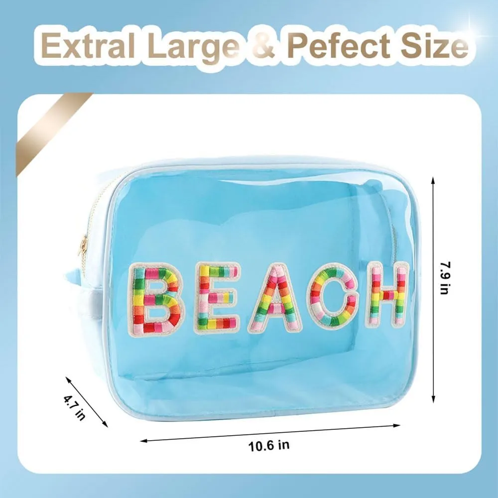 Clear Extra Large 3D Embroidery Patches BEACH Pouch Preppy Transparent TPU and Nylon Cosmetic Pouch Women (X-Large, IceBlue-Beach)