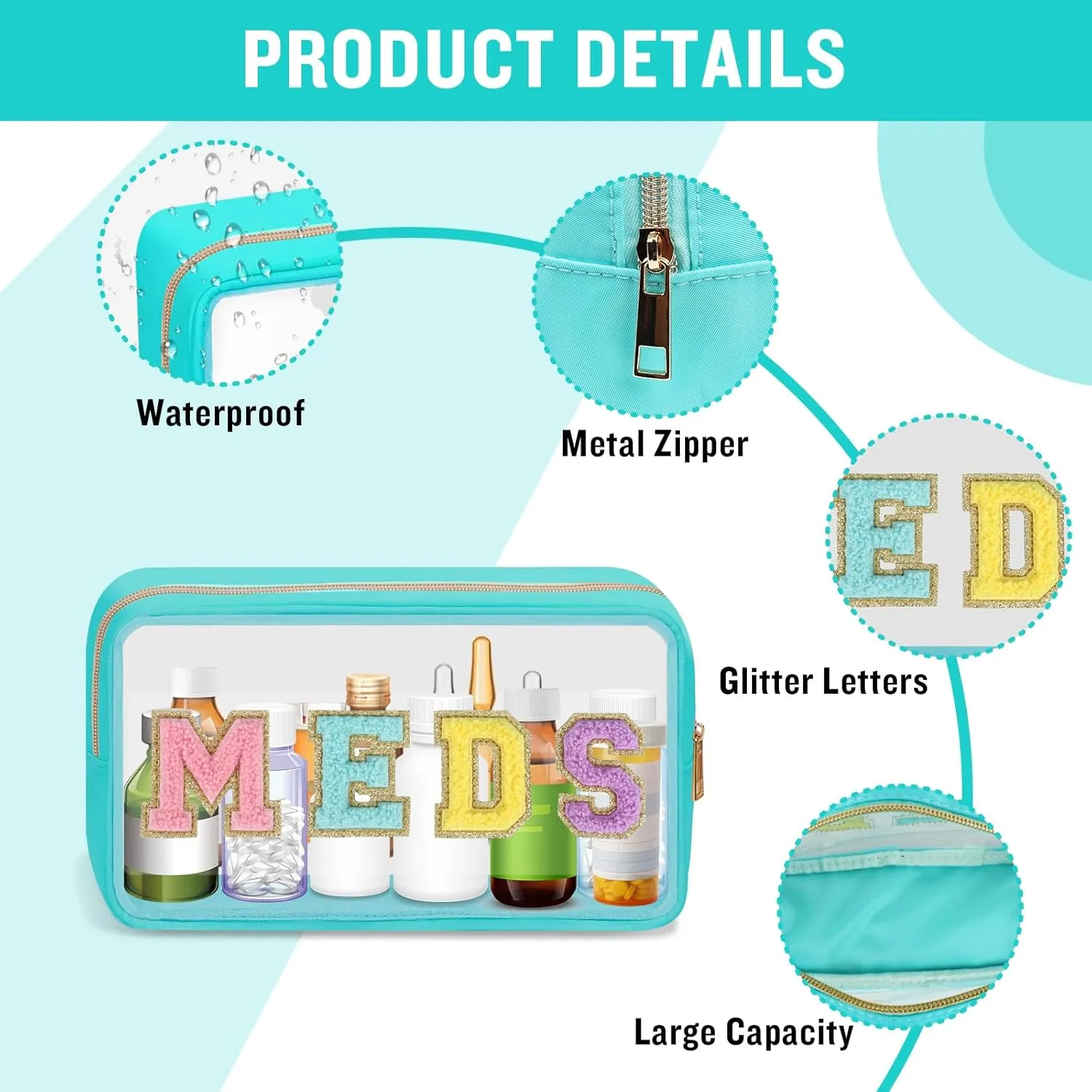 Clear Letter Patch Medicine Bag Drugs Pouch with Zipper, Travel Portable Cosmetic Makeup Bag for Women Girls, Waterproof Nylon PVC Toiletry Meds Storage Case Chenille Letter Stadium Bag(Green, MEDS)