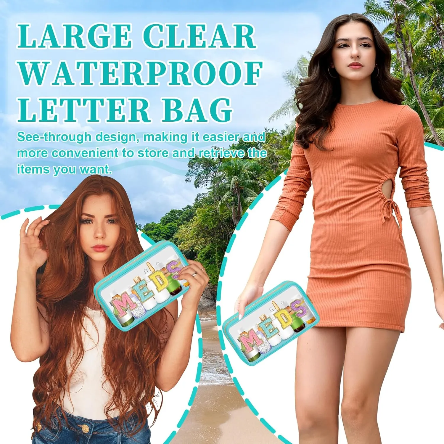 Clear Letter Patch Medicine Bag Drugs Pouch with Zipper, Travel Portable Cosmetic Makeup Bag for Women Girls, Waterproof Nylon PVC Toiletry Meds Storage Case Chenille Letter Stadium Bag(Green, MEDS)