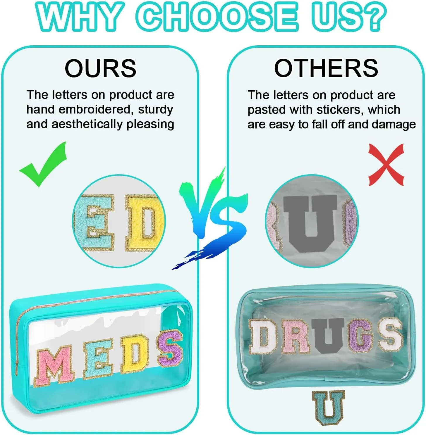 Clear Letter Patch Medicine Bag Drugs Pouch with Zipper, Travel Portable Cosmetic Makeup Bag for Women Girls, Waterproof Nylon PVC Toiletry Meds Storage Case Chenille Letter Stadium Bag(Green, MEDS)
