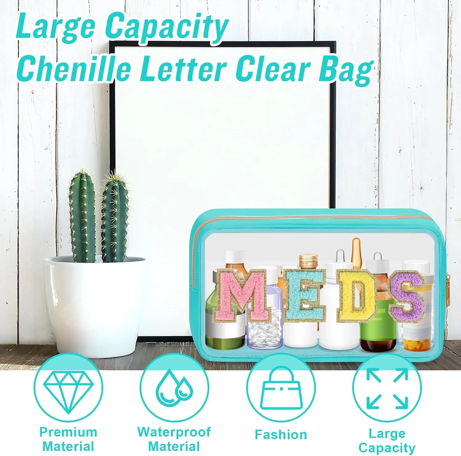 Clear Letter Patch Medicine Bag Drugs Pouch with Zipper, Travel Portable Cosmetic Makeup Bag for Women Girls, Waterproof Nylon PVC Toiletry Meds Storage Case Chenille Letter Stadium Bag(Green, MEDS)