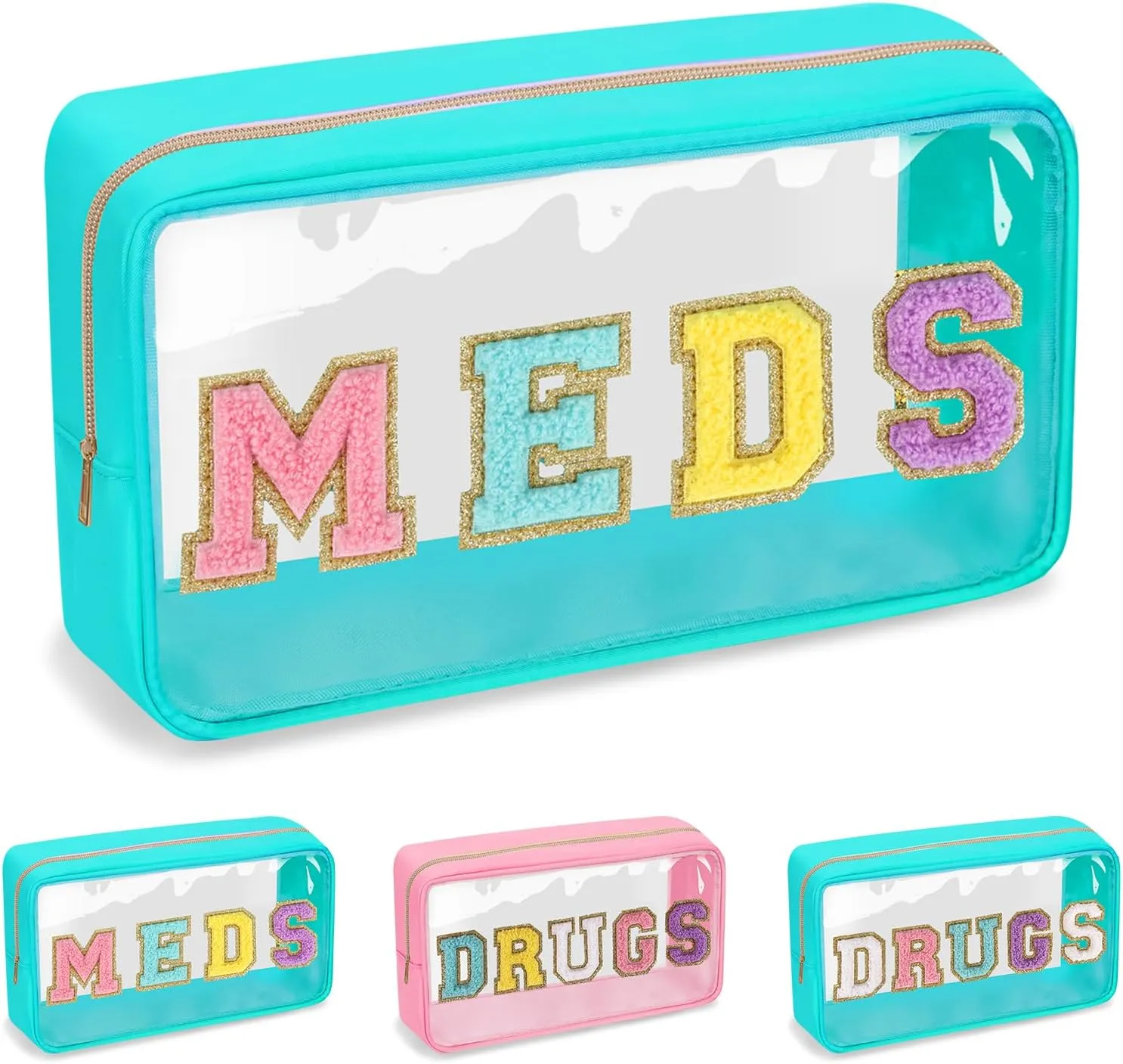 Clear Letter Patch Medicine Bag Drugs Pouch with Zipper, Travel Portable Cosmetic Makeup Bag for Women Girls, Waterproof Nylon PVC Toiletry Meds Storage Case Chenille Letter Stadium Bag(Green, MEDS)