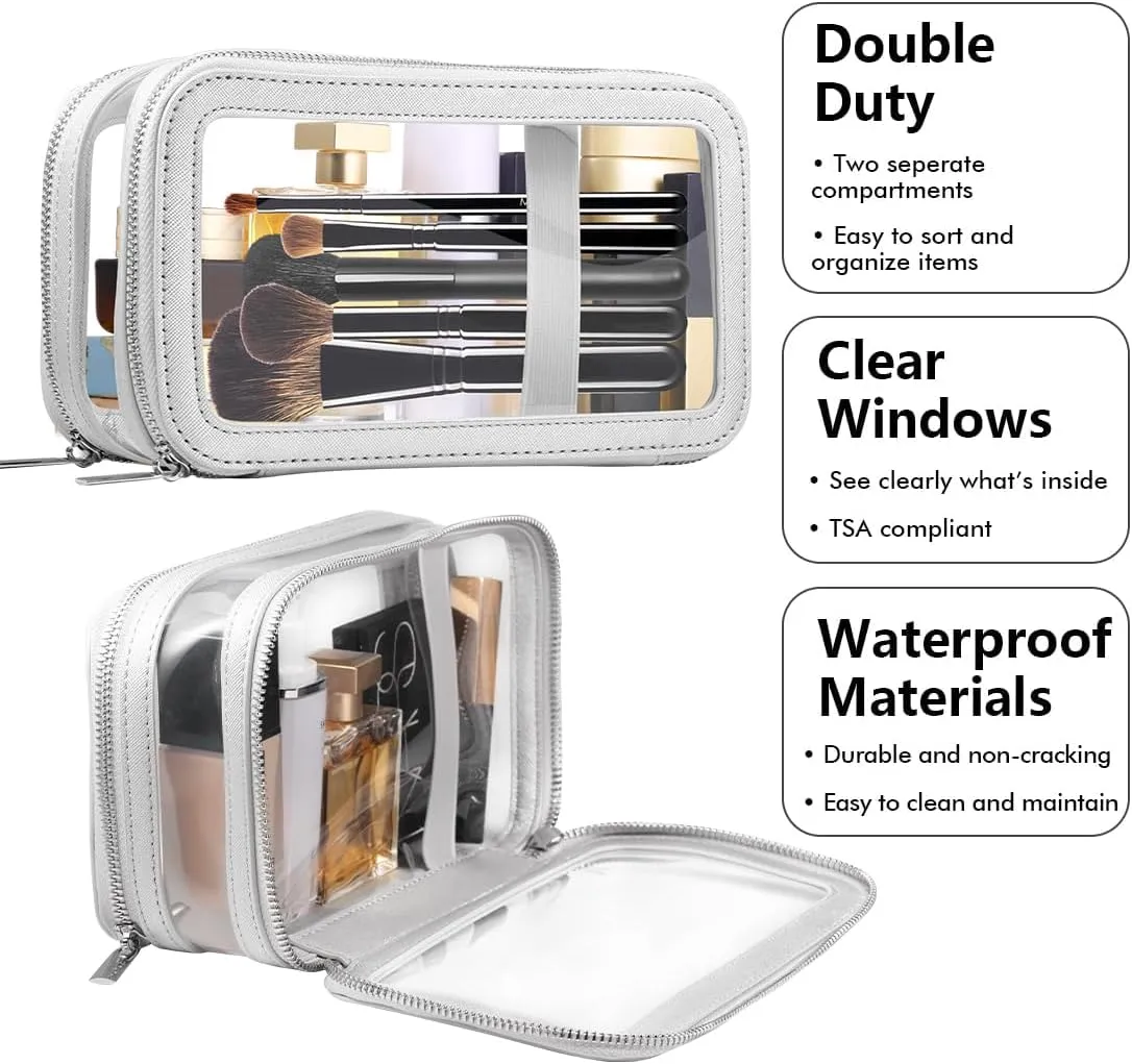 Clear Makeup Bag, Double Layer Cosmetic Bags Travel Toiletry Bag, Portable Make up Case Organizer Bag with Zipper for Women Car.(Silver)