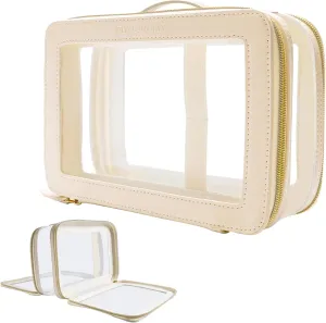 Clear Makeup Bag Double Layer Two Sided With Zipper White Cosmetic Small Make Up Case Compartments Brush Travel Leather Toiletry Women Organizer Transparent Waterproof Pouch
