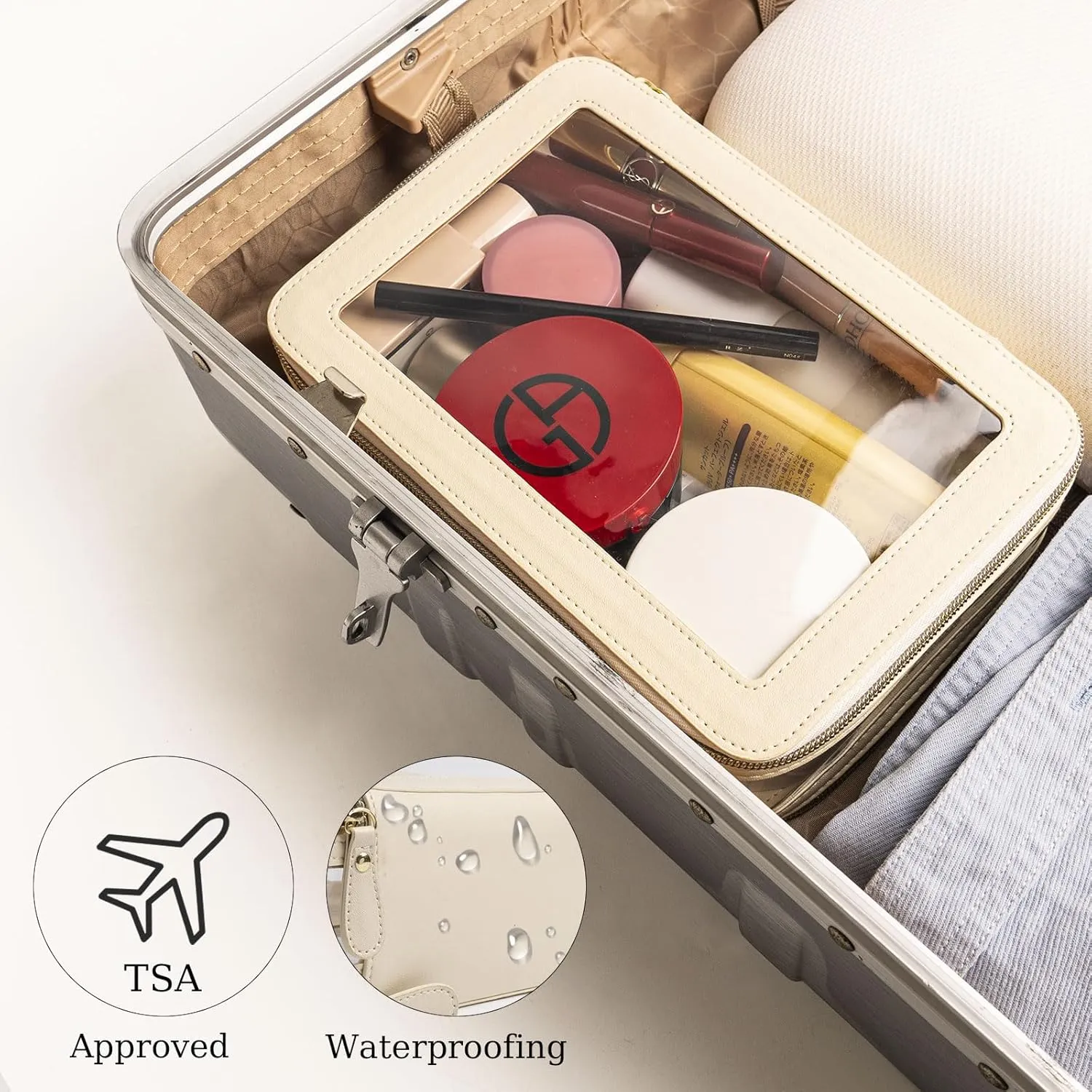 Clear Makeup Bag Double Layer Two Sided With Zipper White Cosmetic Small Make Up Case Compartments Brush Travel Leather Toiletry Women Organizer Transparent Waterproof Pouch