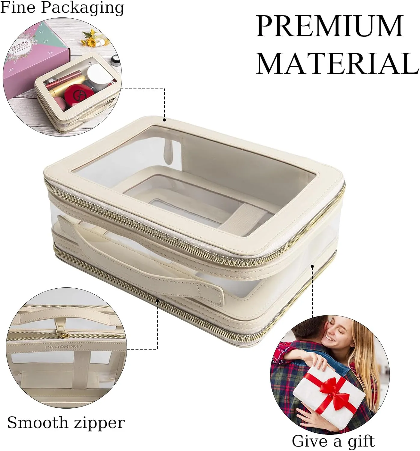 Clear Makeup Bag Double Layer Two Sided With Zipper White Cosmetic Small Make Up Case Compartments Brush Travel Leather Toiletry Women Organizer Transparent Waterproof Pouch