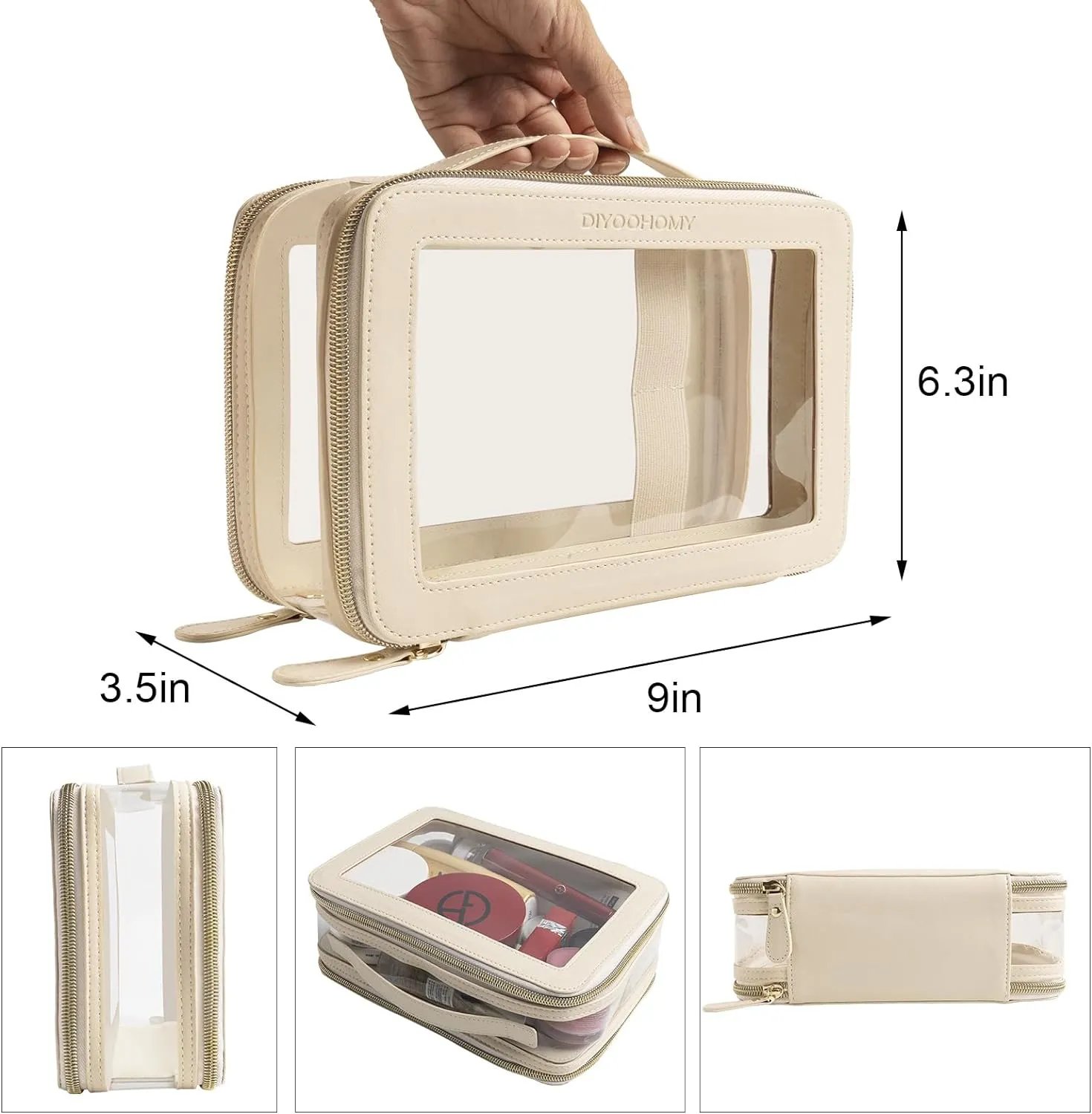 Clear Makeup Bag Double Layer Two Sided With Zipper White Cosmetic Small Make Up Case Compartments Brush Travel Leather Toiletry Women Organizer Transparent Waterproof Pouch