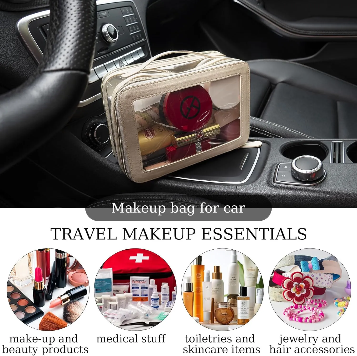 Clear Makeup Bag Double Layer Two Sided With Zipper White Cosmetic Small Make Up Case Compartments Brush Travel Leather Toiletry Women Organizer Transparent Waterproof Pouch