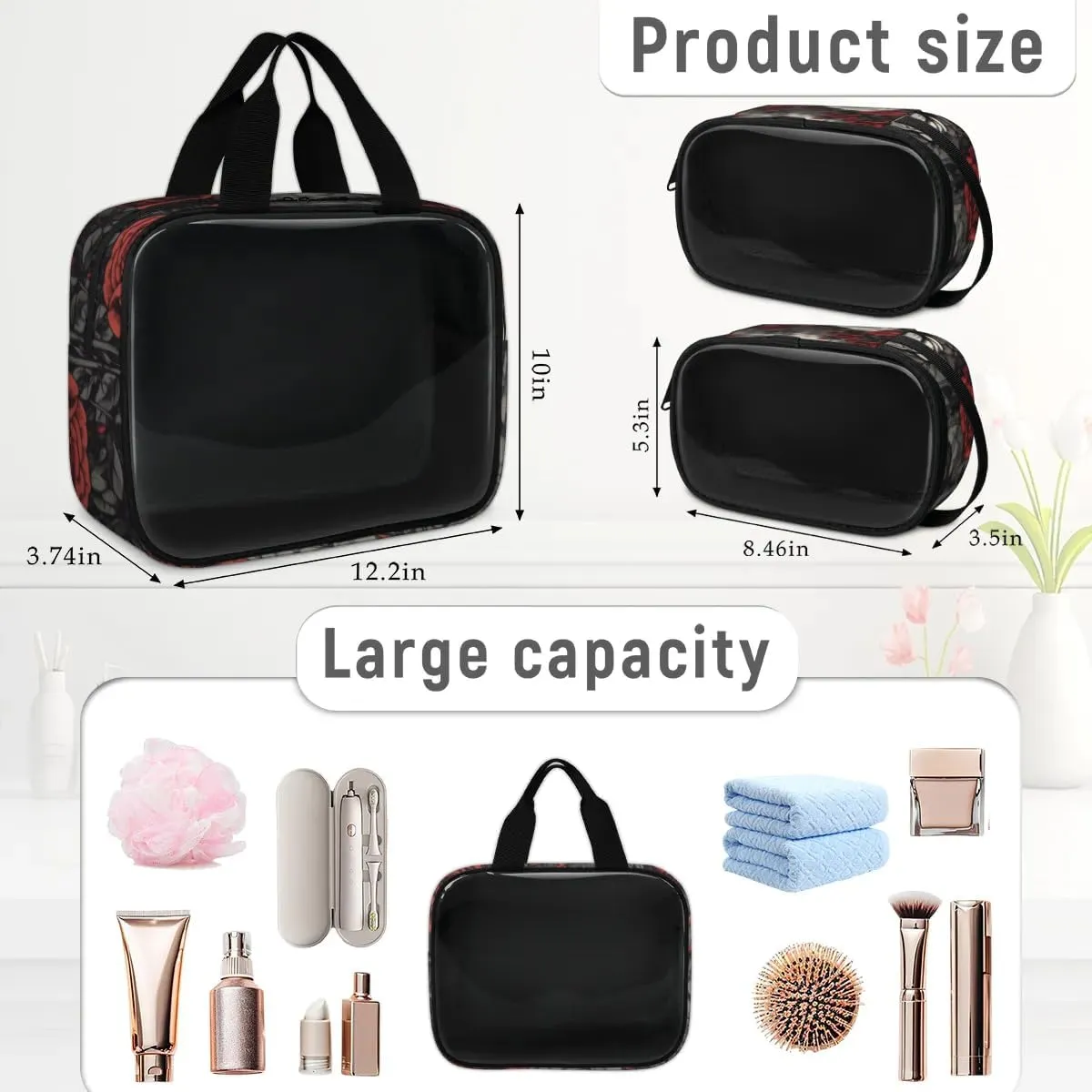 Clear Makeup Bag for Women Men, 3Pcs Transparent Cosmetic Bags Waterpoof Toiletries Set Portable Toiletry Bags with Zipper for Travel Bathroom(Rose)