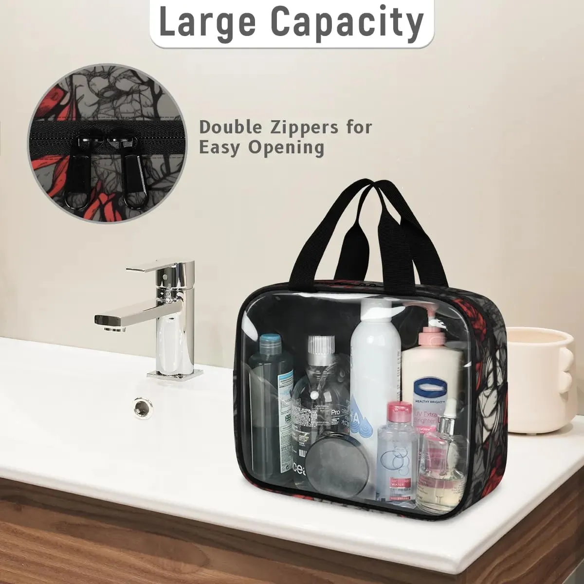 Clear Makeup Bag for Women Men, 3Pcs Transparent Cosmetic Bags Waterpoof Toiletries Set Portable Toiletry Bags with Zipper for Travel Bathroom(Rose)