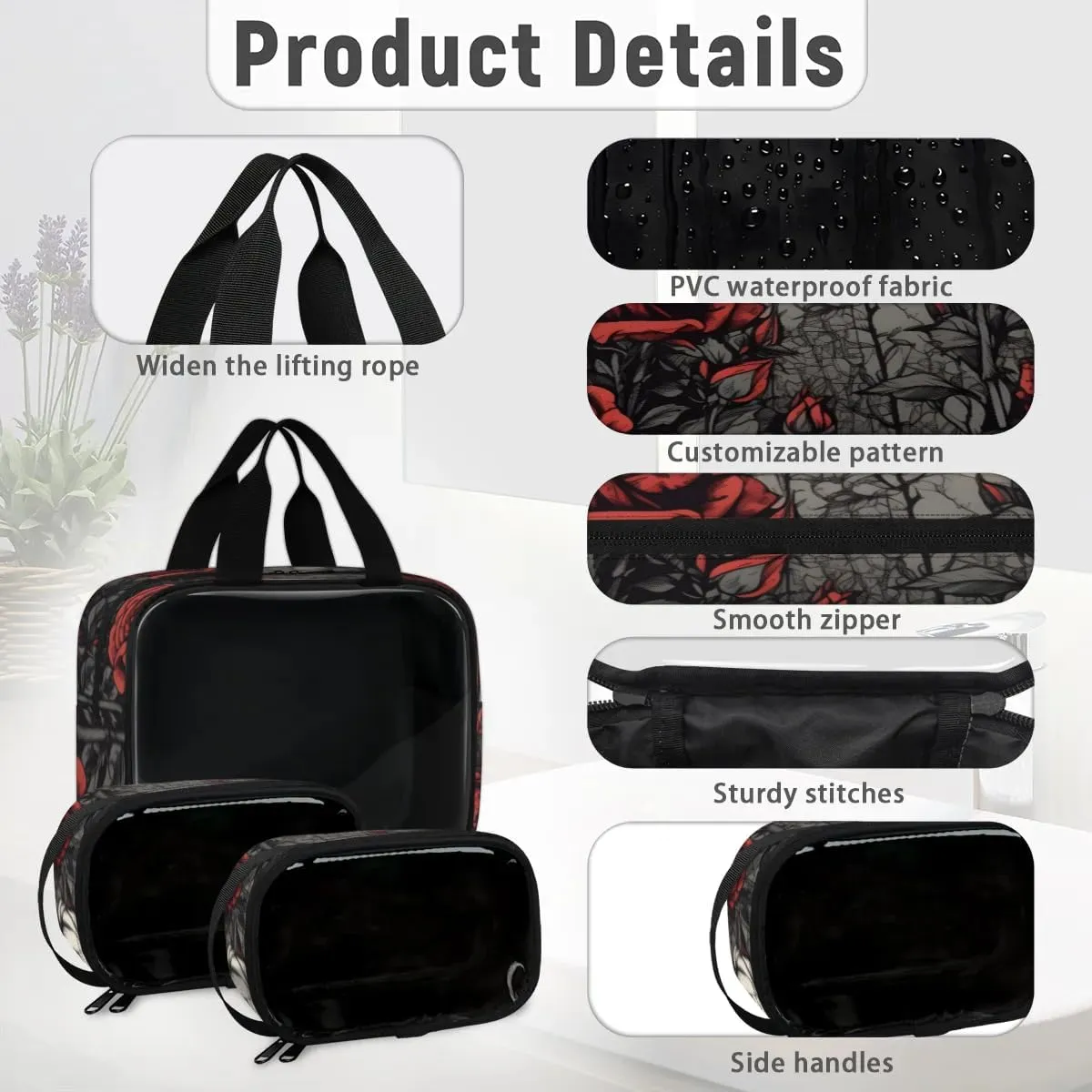 Clear Makeup Bag for Women Men, 3Pcs Transparent Cosmetic Bags Waterpoof Toiletries Set Portable Toiletry Bags with Zipper for Travel Bathroom(Rose)