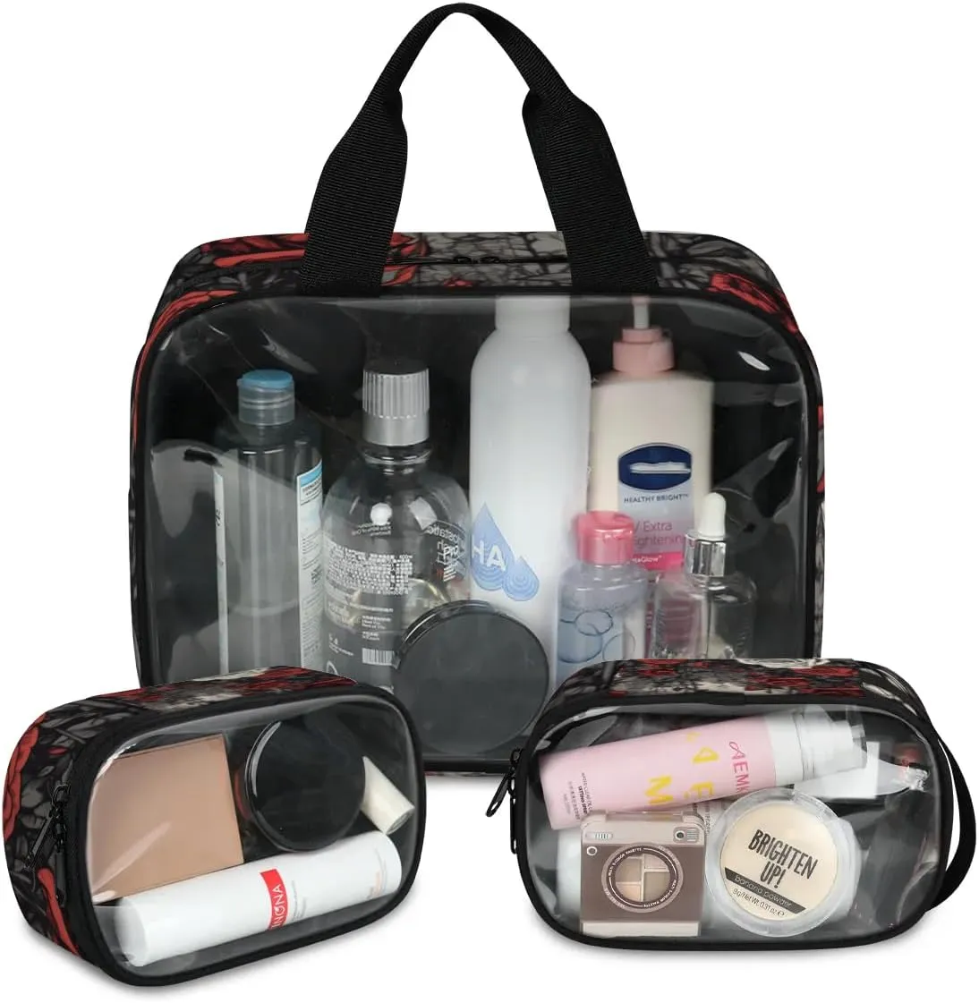 Clear Makeup Bag for Women Men, 3Pcs Transparent Cosmetic Bags Waterpoof Toiletries Set Portable Toiletry Bags with Zipper for Travel Bathroom(Rose)