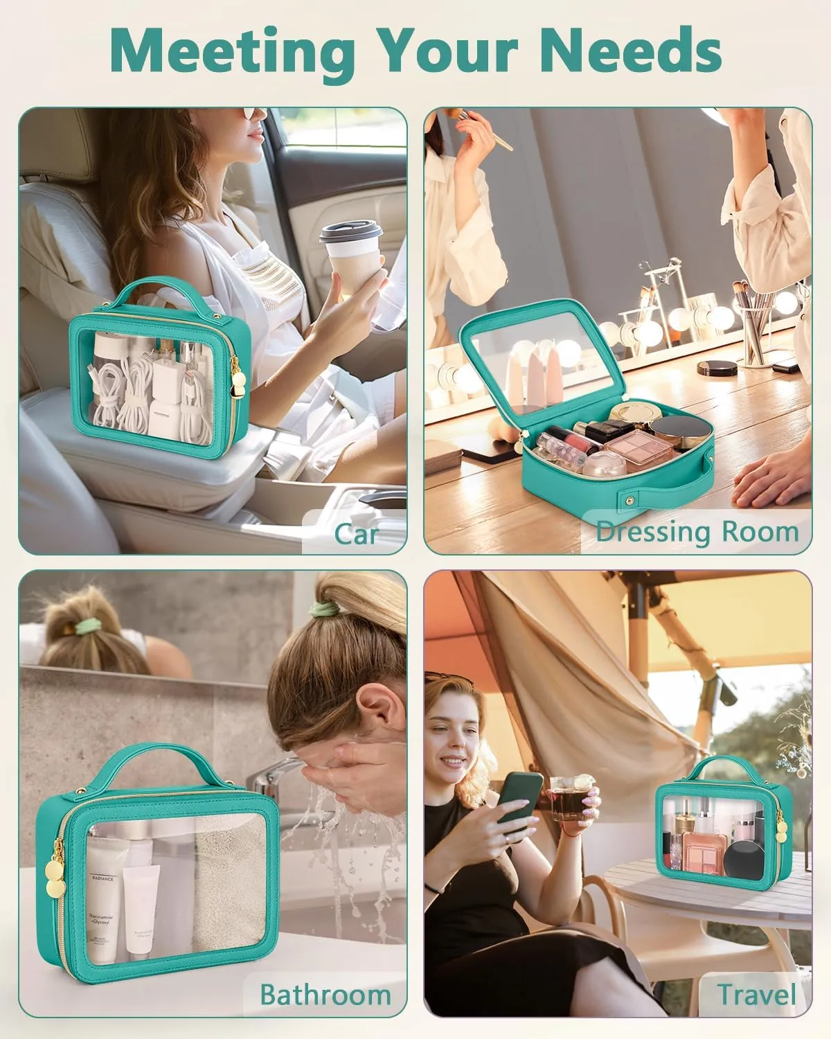Clear Makeup Bag, Portable Travel Cosmetic Bags, Multipurpose Leather Toiletry Bag with Zipper, Waterproof Transparent Cosmetic Organizer for Women, Medium, Green