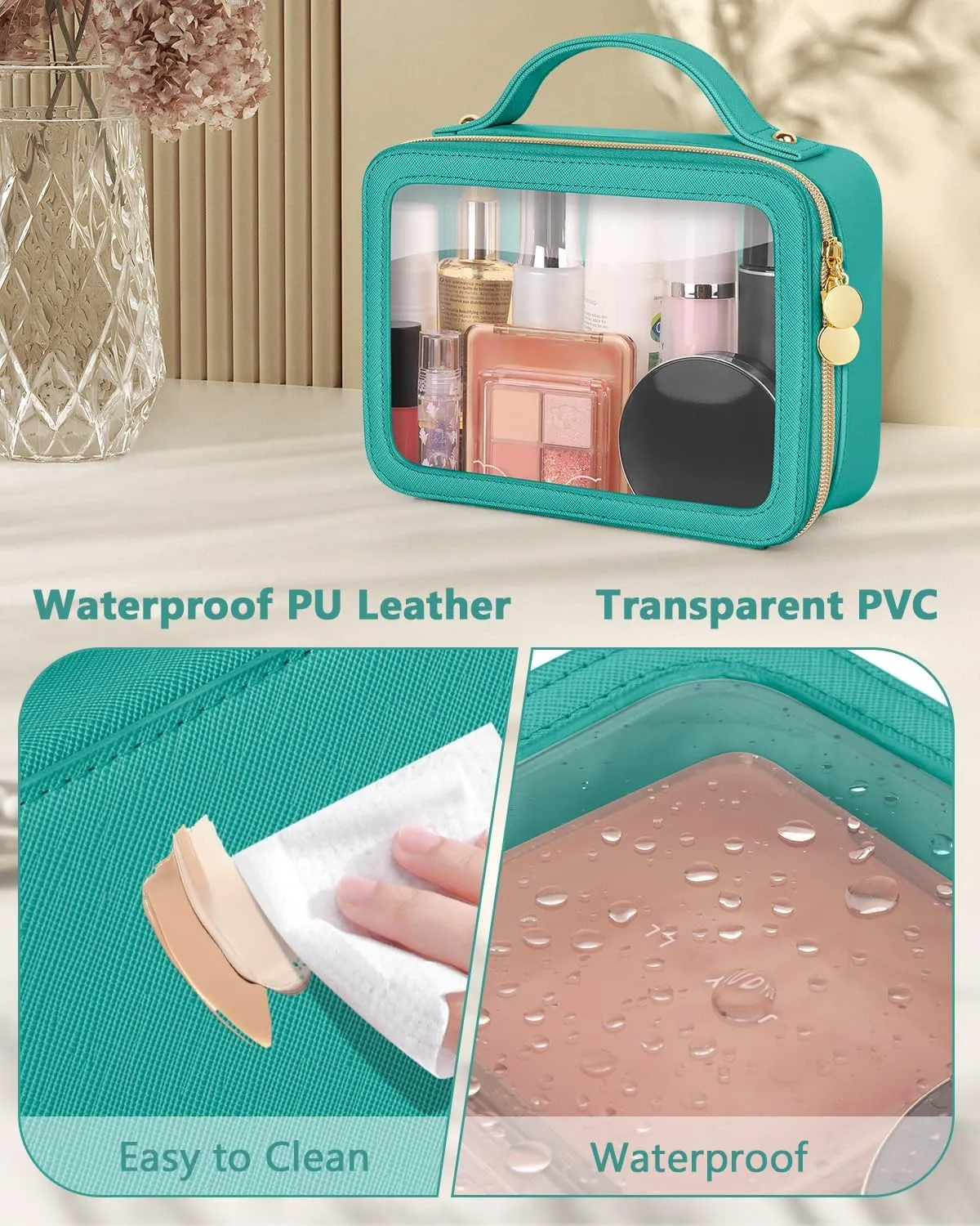 Clear Makeup Bag, Portable Travel Cosmetic Bags, Multipurpose Leather Toiletry Bag with Zipper, Waterproof Transparent Cosmetic Organizer for Women, Medium, Green