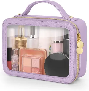 Clear Makeup Bag, Portable Travel Cosmetic Bags, Multipurpose Leather Toiletry Bag with Zipper, Waterproof Transparent Cosmetic Organizer for Women, Medium, Purple