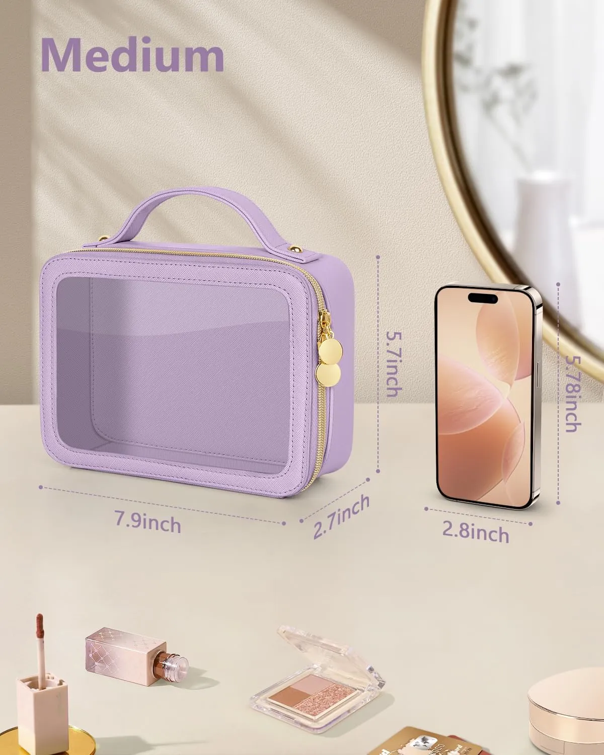 Clear Makeup Bag, Portable Travel Cosmetic Bags, Multipurpose Leather Toiletry Bag with Zipper, Waterproof Transparent Cosmetic Organizer for Women, Medium, Purple