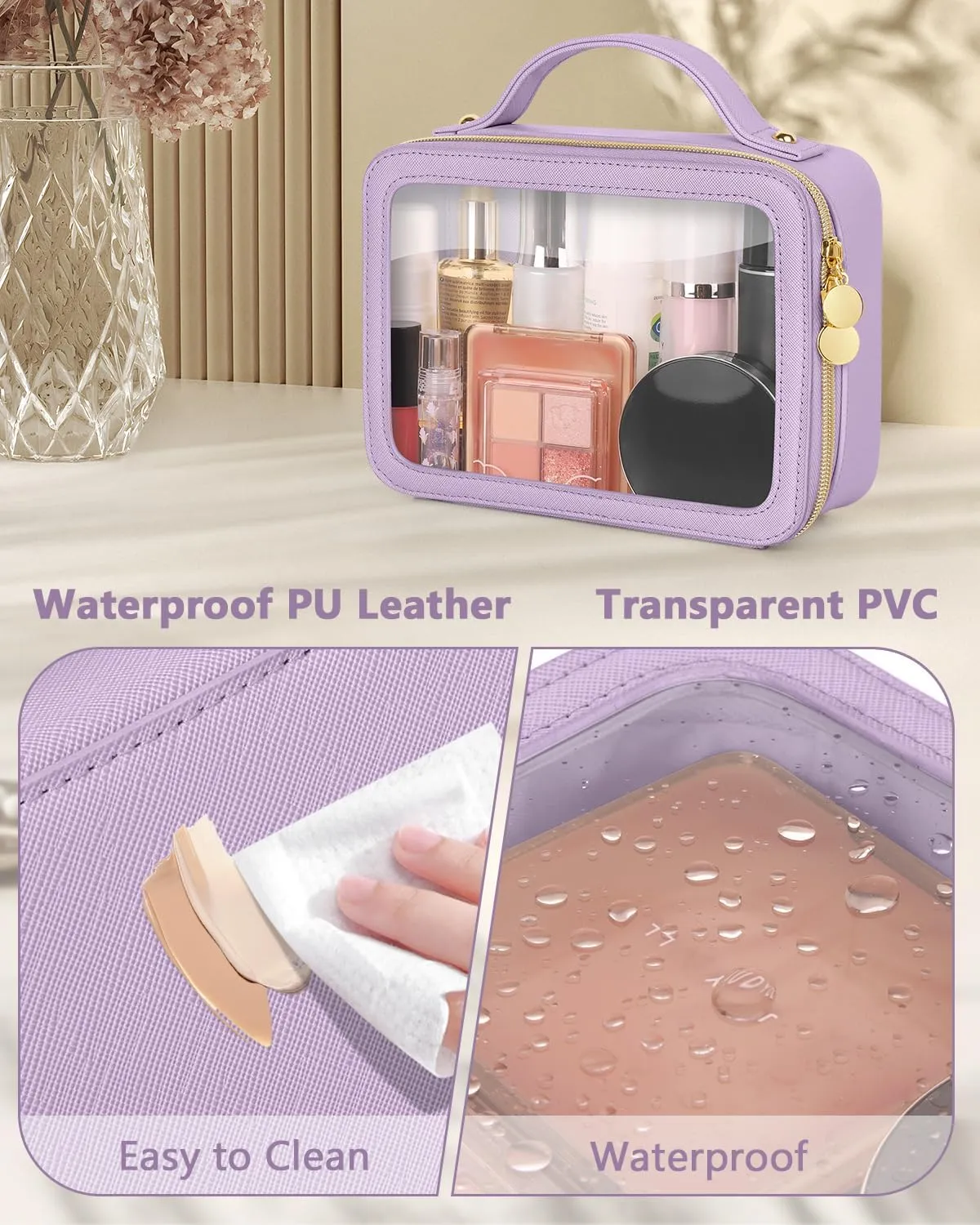 Clear Makeup Bag, Portable Travel Cosmetic Bags, Multipurpose Leather Toiletry Bag with Zipper, Waterproof Transparent Cosmetic Organizer for Women, Medium, Purple