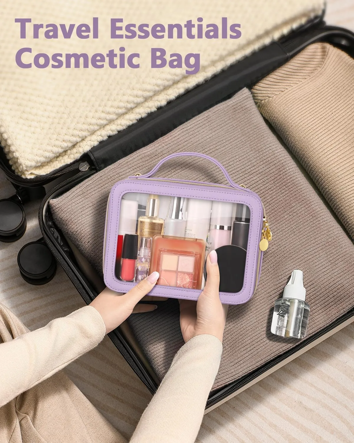 Clear Makeup Bag, Portable Travel Cosmetic Bags, Multipurpose Leather Toiletry Bag with Zipper, Waterproof Transparent Cosmetic Organizer for Women, Medium, Purple
