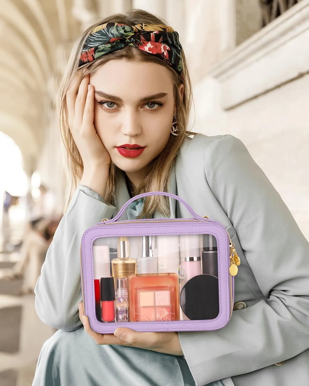 Clear Makeup Bag, Portable Travel Cosmetic Bags, Multipurpose Leather Toiletry Bag with Zipper, Waterproof Transparent Cosmetic Organizer for Women, Medium, Purple
