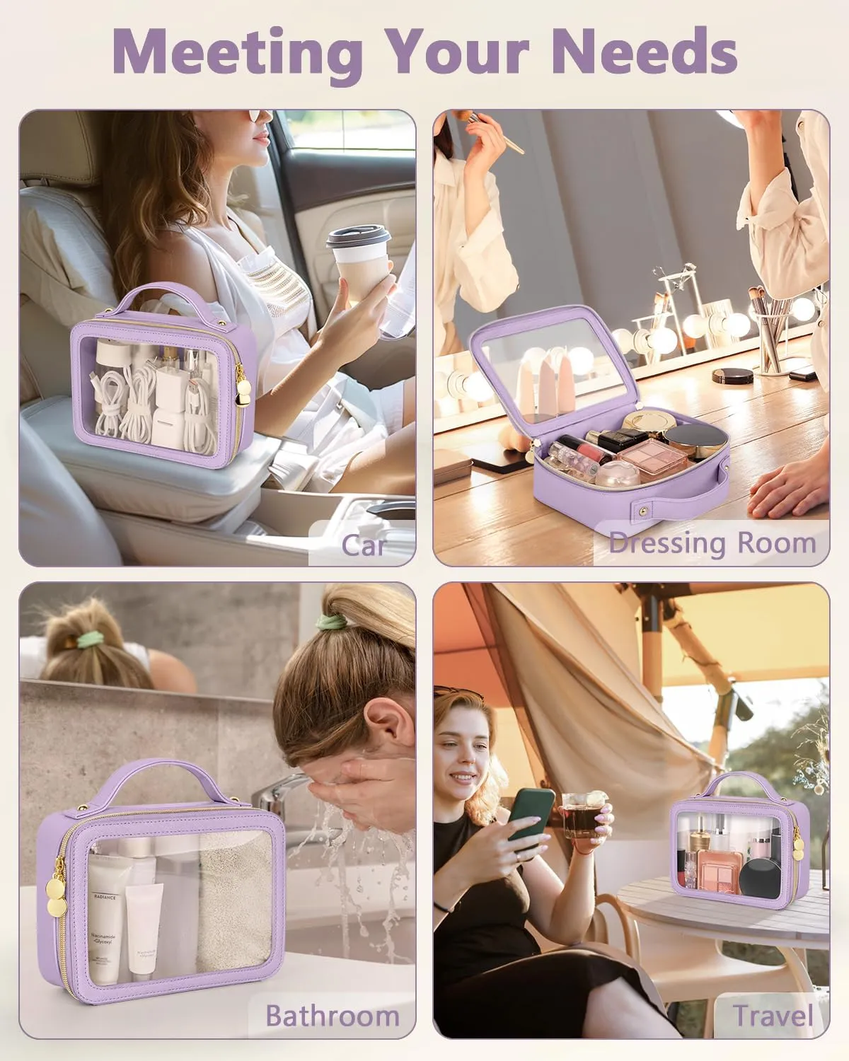 Clear Makeup Bag, Portable Travel Cosmetic Bags, Multipurpose Leather Toiletry Bag with Zipper, Waterproof Transparent Cosmetic Organizer for Women, Medium, Purple