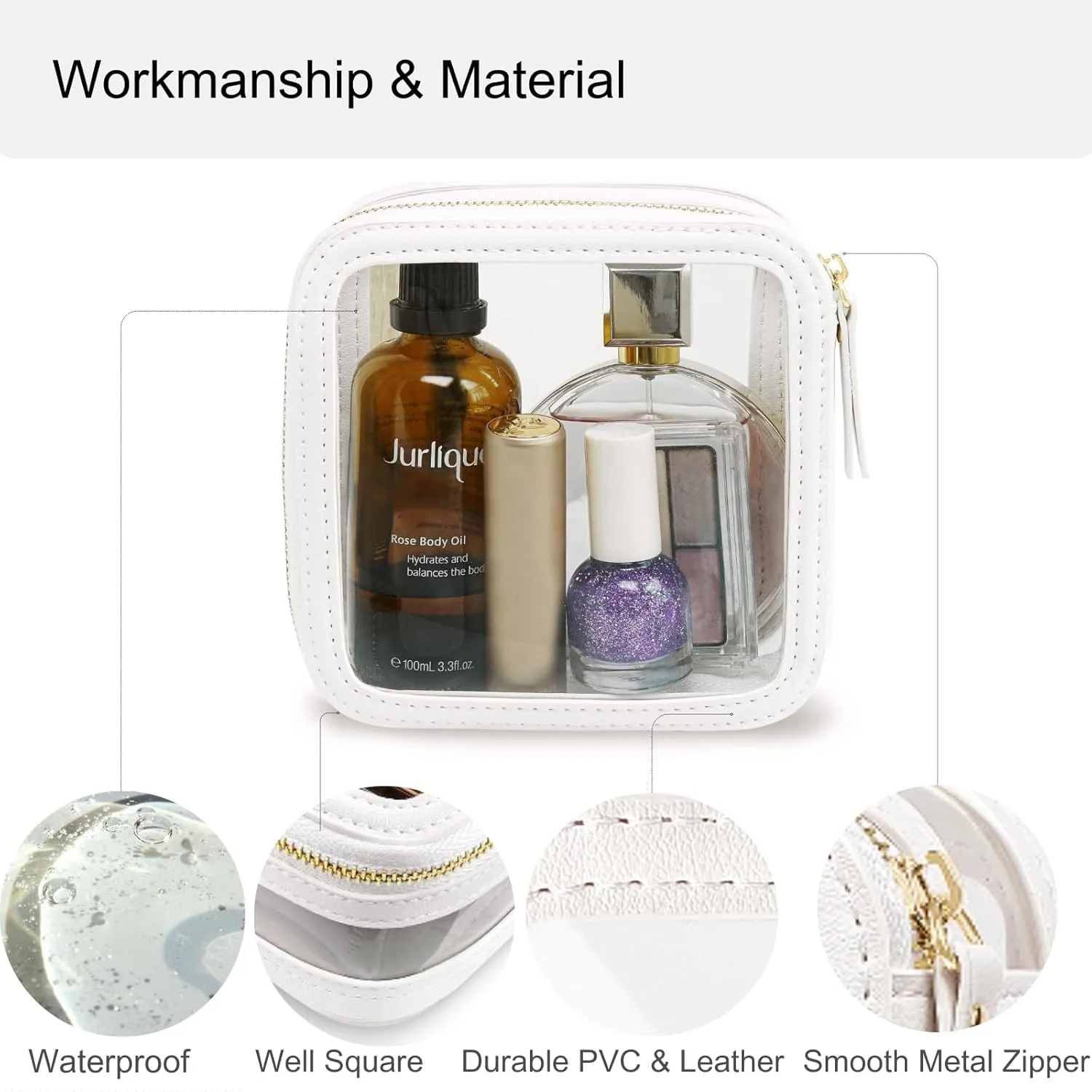 Clear Makeup Bag Travel Size Toiletry Bag Organizer Case Quality PU Leather Transparent Small Cosmetic Bag Car Bag for Essentials with Durable Zipper