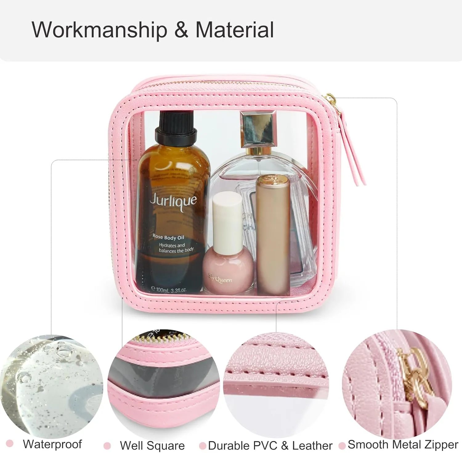 Clear Makeup Bag Travel Size Toiletry Bag Organizer Case Quality PU Leather Transparent Small Cosmetic Bag Car Bag for Essentials with Durable Zipper