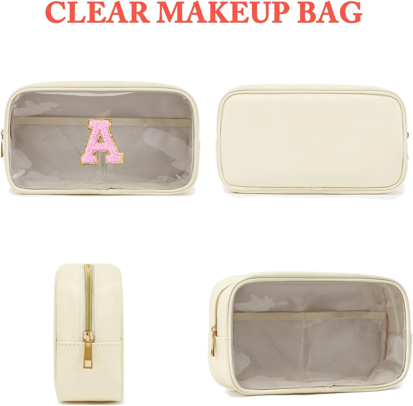 Clear Makeup Bag with 2 Customizable Chenille Letters - Waterproof PU Leather Cosmetic Case, Large Personalized Toiletry Pouch for Women & Teens, Ideal for Travel & Gift