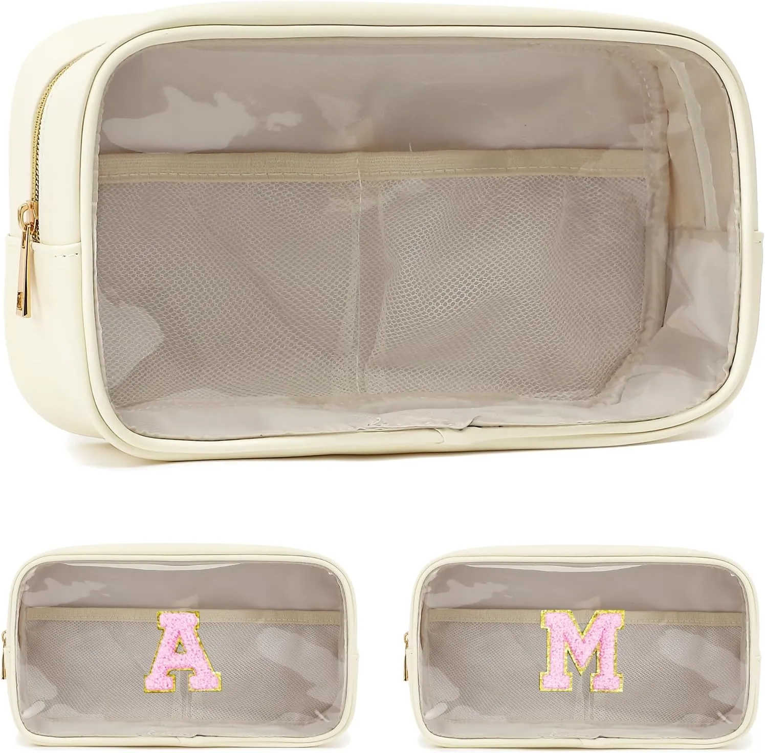 Clear Makeup Bag with 2 Customizable Chenille Letters - Waterproof PU Leather Cosmetic Case, Large Personalized Toiletry Pouch for Women & Teens, Ideal for Travel & Gift