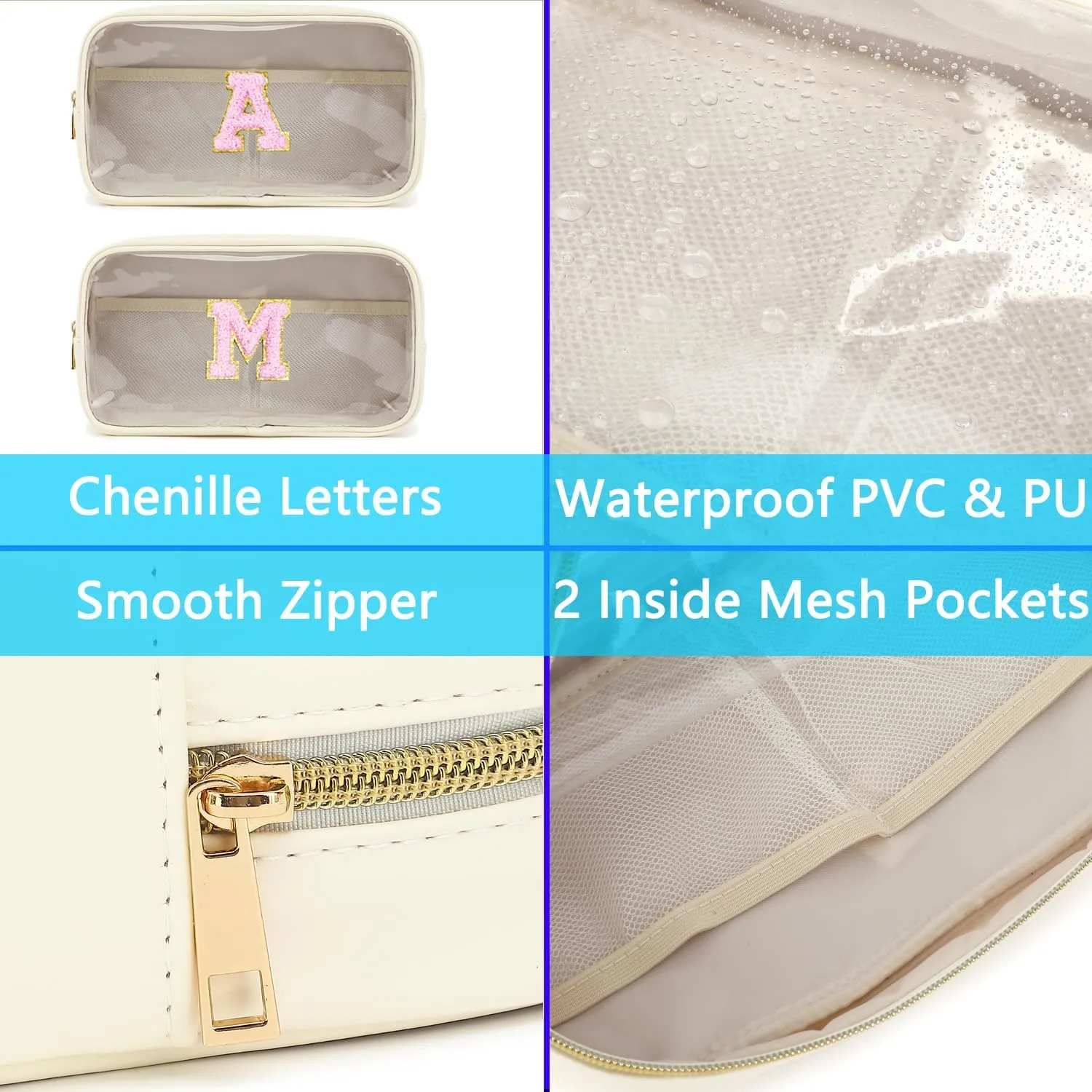 Clear Makeup Bag with 2 Customizable Chenille Letters - Waterproof PU Leather Cosmetic Case, Large Personalized Toiletry Pouch for Women & Teens, Ideal for Travel & Gift