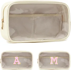 Clear Makeup Bag with 2 Customizable Chenille Letters - Waterproof PU Leather Cosmetic Case, Large Personalized Toiletry Pouch for Women & Teens, Ideal for Travel & Gift