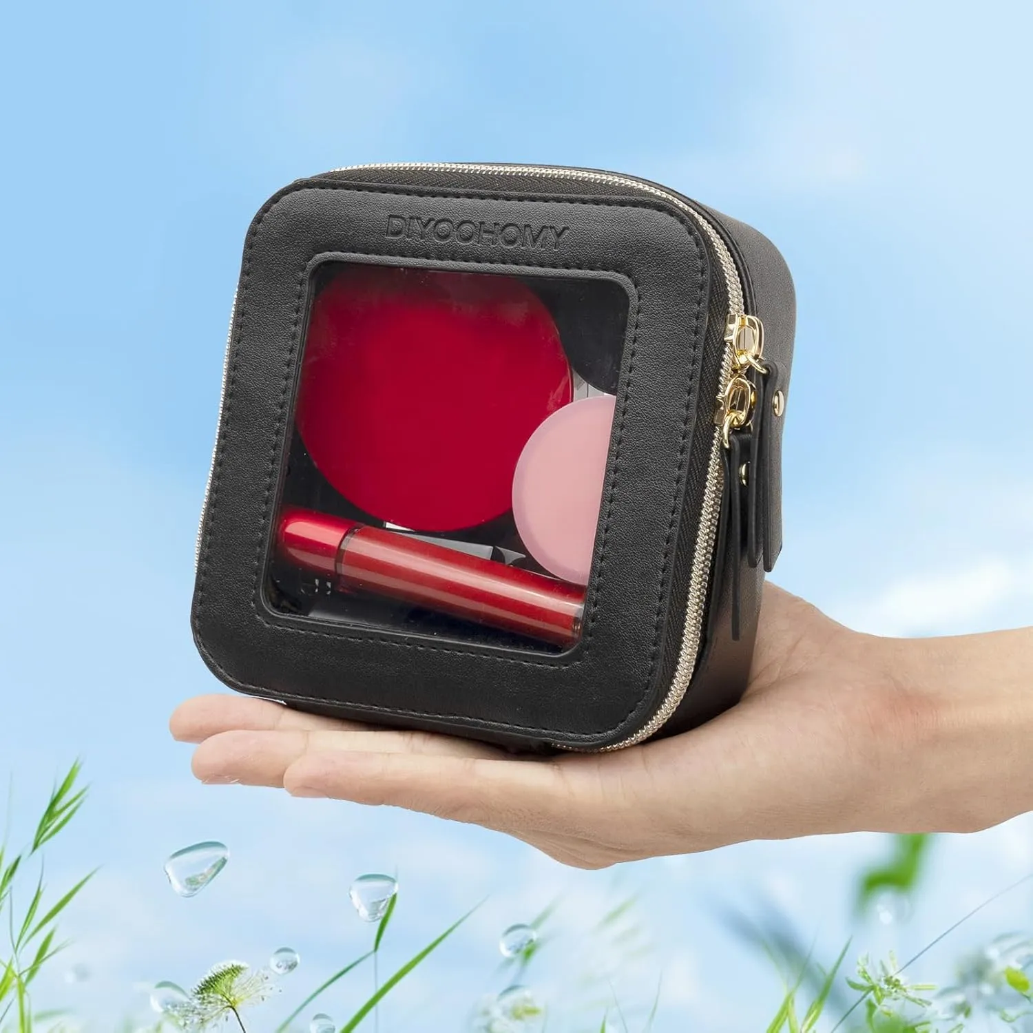 Clear Makeup Bag with Zipper, Black Travel Calpak Toiletry Bag for Women, Mini Leather Cosmetic Organizer Case, Small Portable Purse Pouch