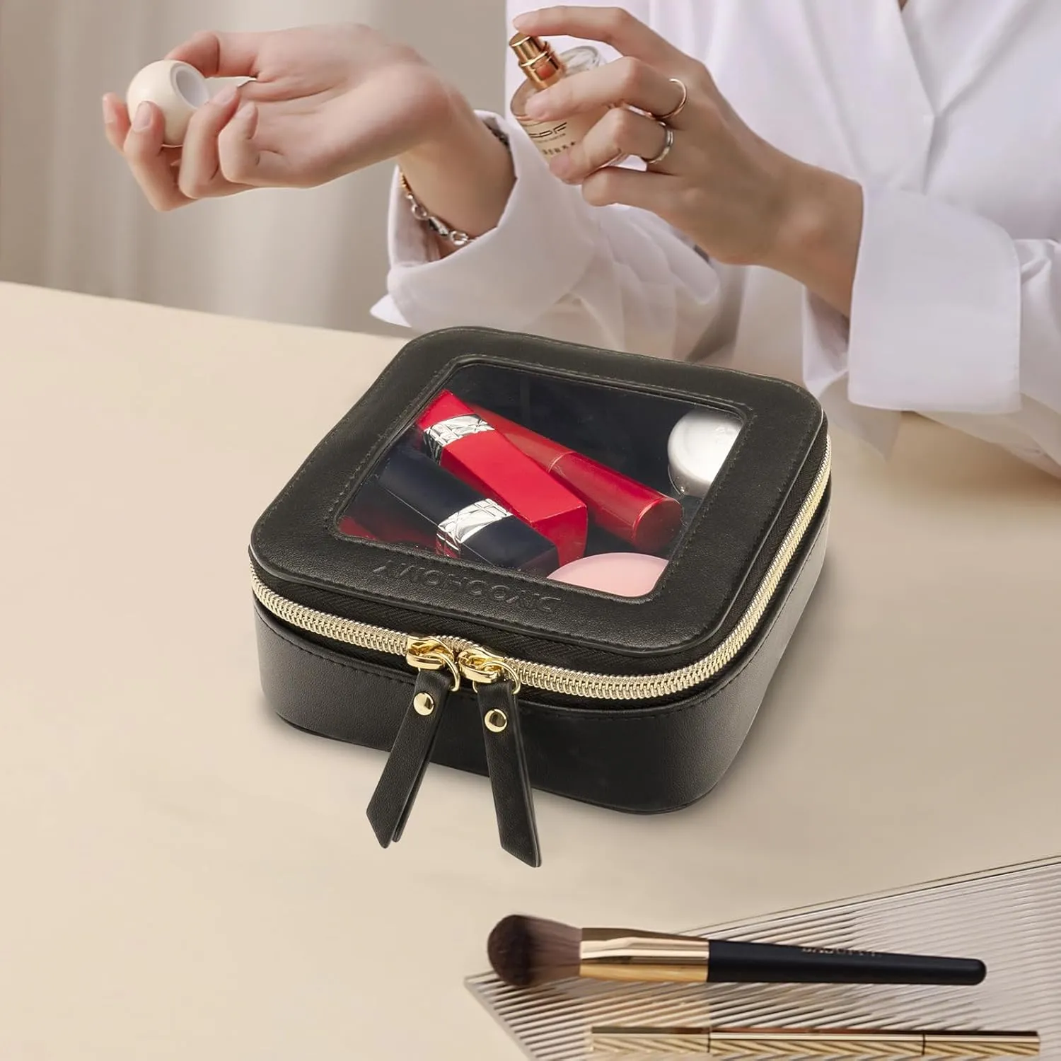 Clear Makeup Bag with Zipper, Black Travel Calpak Toiletry Bag for Women, Mini Leather Cosmetic Organizer Case, Small Portable Purse Pouch