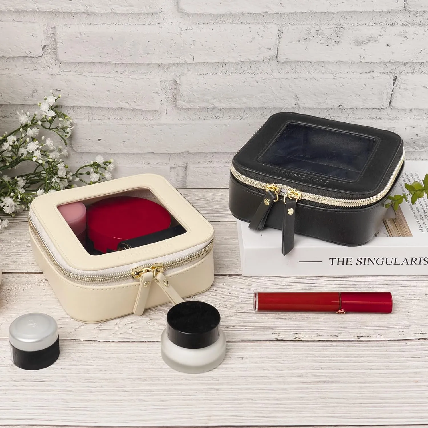 Clear Makeup Bag with Zipper, Black Travel Calpak Toiletry Bag for Women, Mini Leather Cosmetic Organizer Case, Small Portable Purse Pouch
