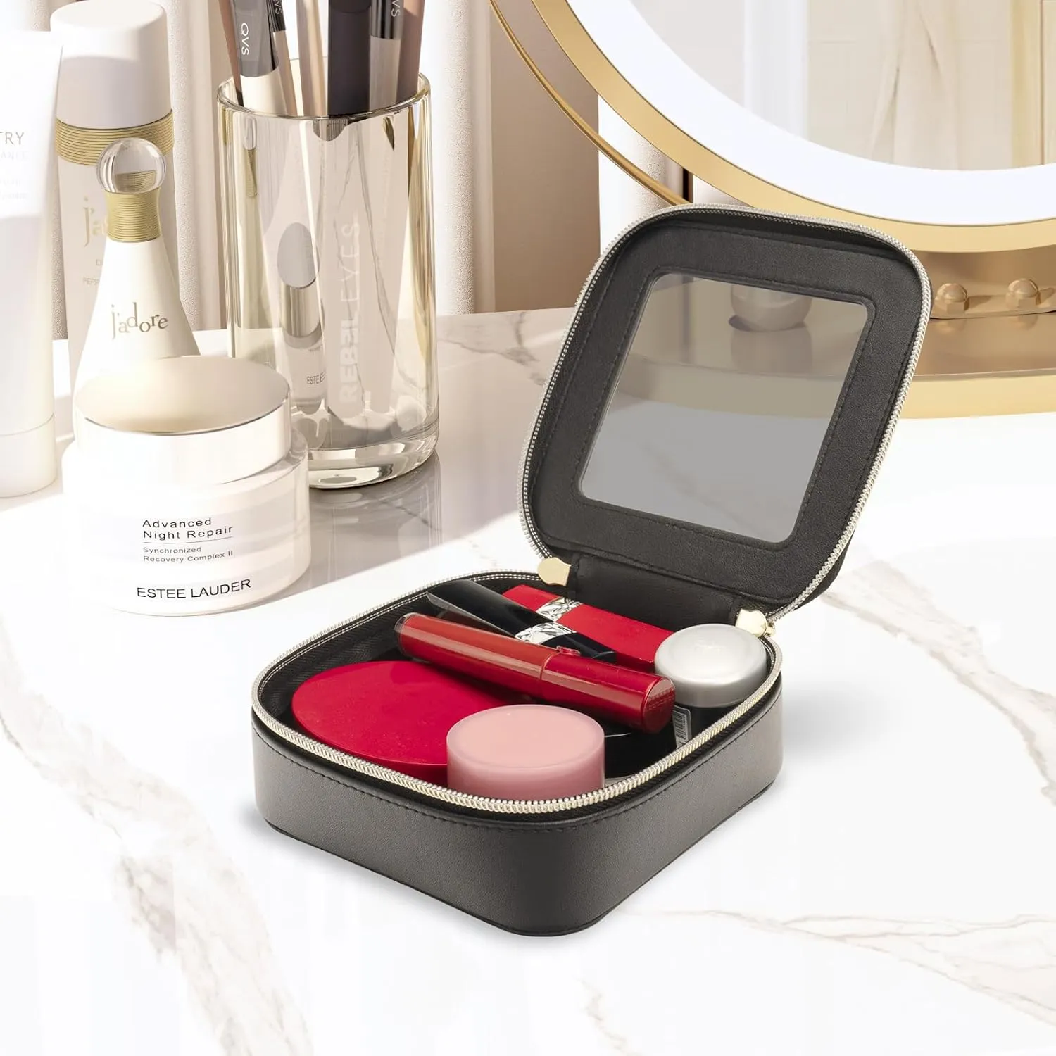 Clear Makeup Bag with Zipper, Black Travel Calpak Toiletry Bag for Women, Mini Leather Cosmetic Organizer Case, Small Portable Purse Pouch