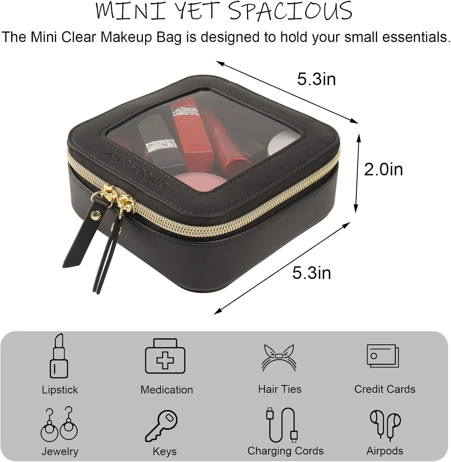 Clear Makeup Bag with Zipper, Black Travel Calpak Toiletry Bag for Women, Mini Leather Cosmetic Organizer Case, Small Portable Purse Pouch