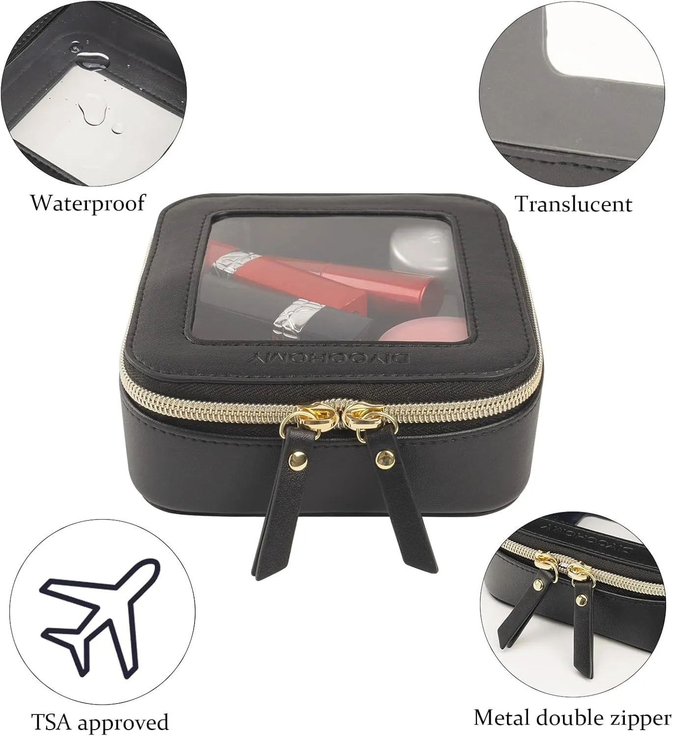 Clear Makeup Bag with Zipper, Black Travel Calpak Toiletry Bag for Women, Mini Leather Cosmetic Organizer Case, Small Portable Purse Pouch