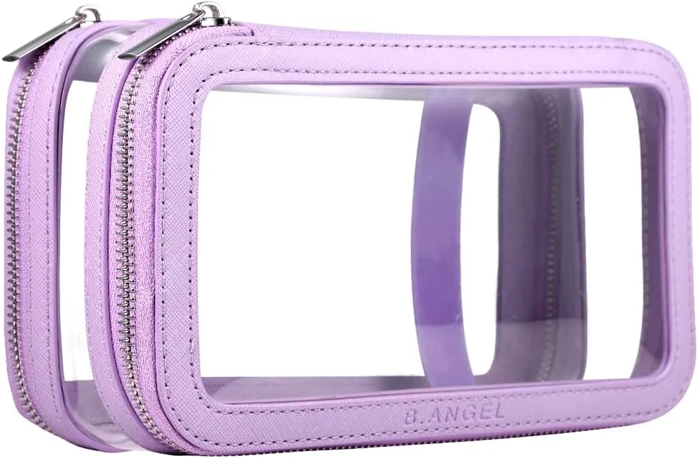 Clear Makeup Case, Double Layer Cosmetic Bag Travel Toiletry Bag, Car Make up Bags Organizer with Zipper for Women.(Purple)