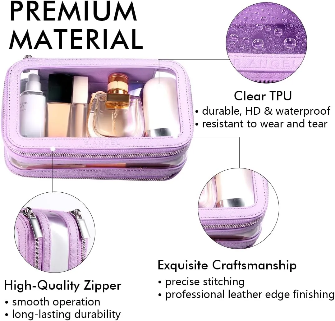 Clear Makeup Case, Double Layer Cosmetic Bag Travel Toiletry Bag, Car Make up Bags Organizer with Zipper for Women.(Purple)