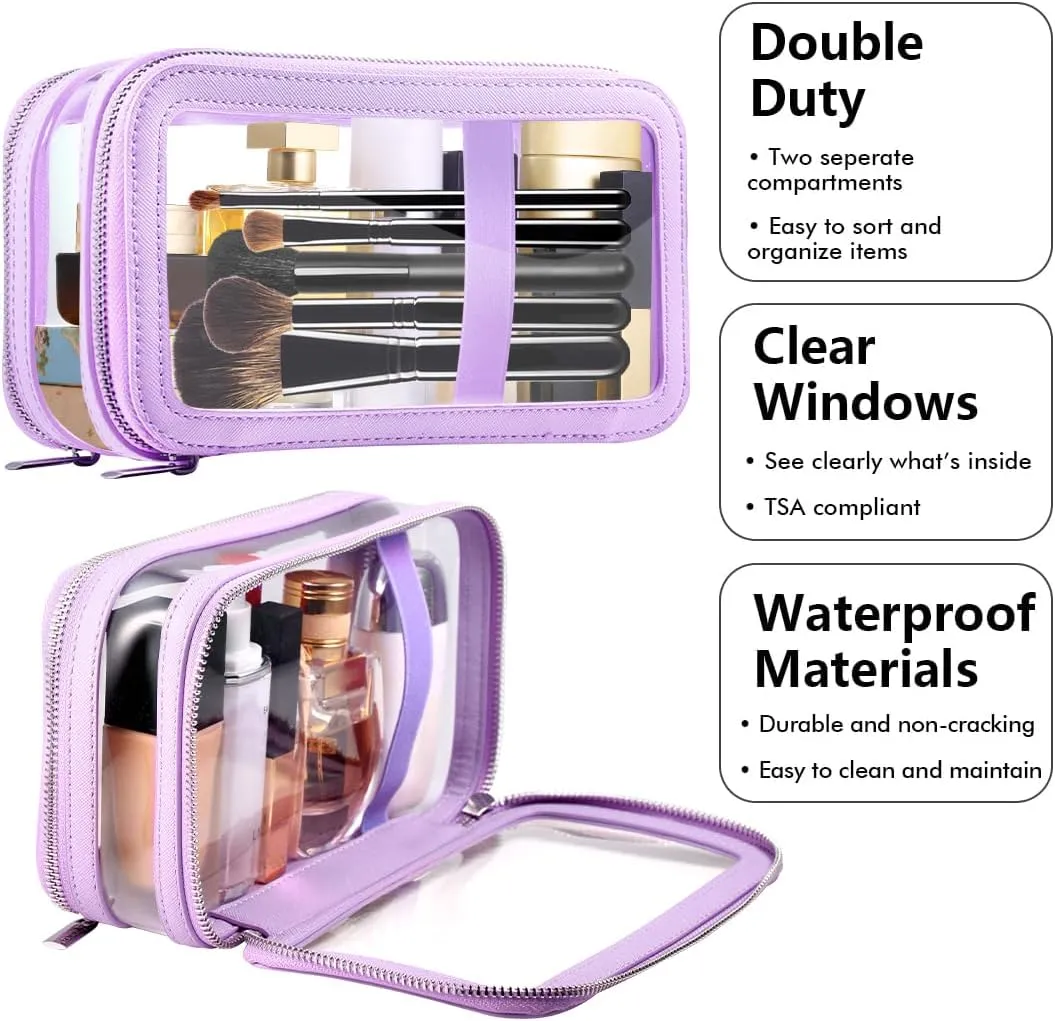 Clear Makeup Case, Double Layer Cosmetic Bag Travel Toiletry Bag, Car Make up Bags Organizer with Zipper for Women.(Purple)