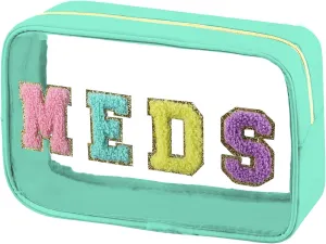 Clear Meds Bag, Chenille Letter PVC Makeup Bag, Portable Preppy Patch With Zipper, Cosmetic Toiletry Travel Storage Medicine for Women Girls, Green