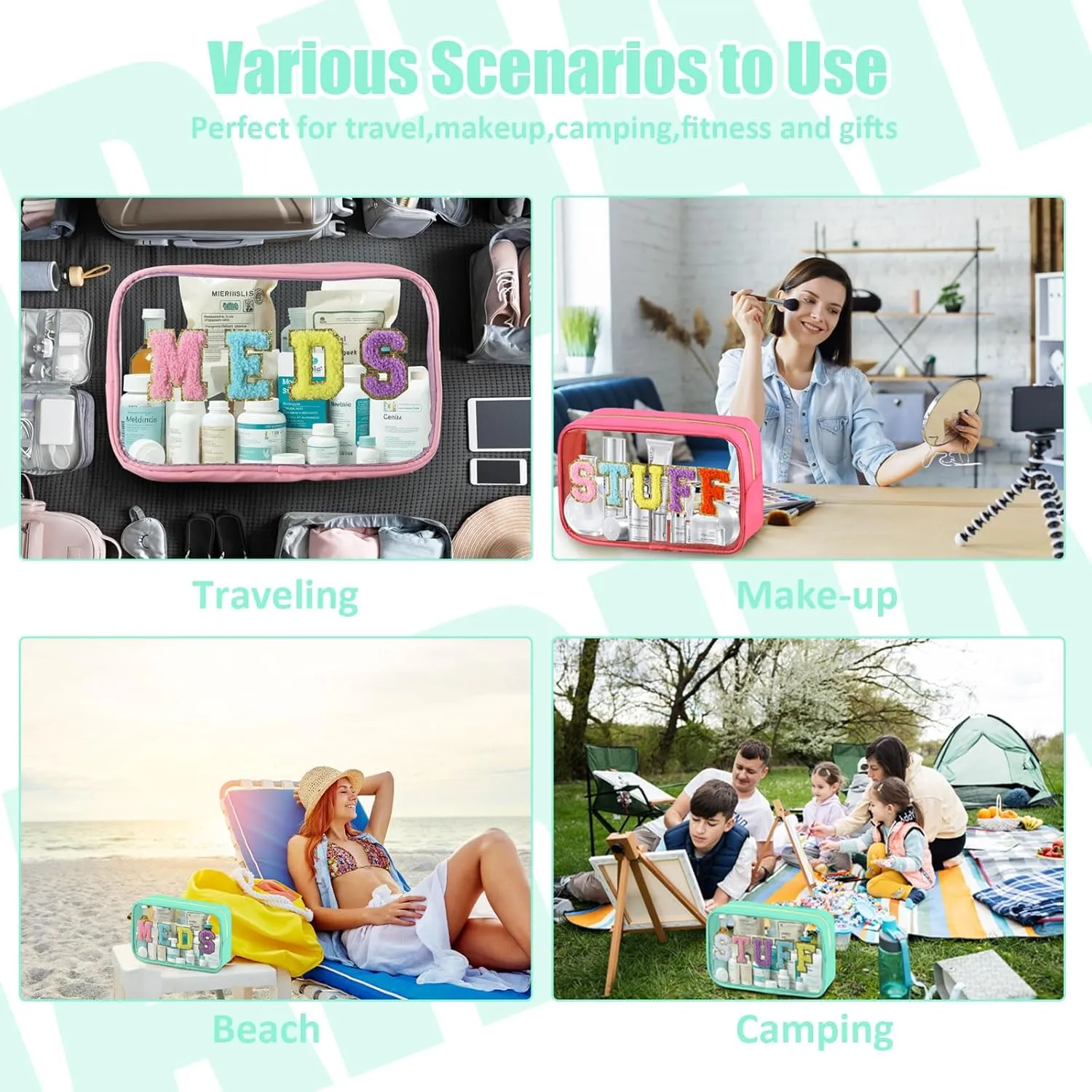 Clear Meds Bag, Chenille Letter PVC Makeup Bag, Portable Preppy Patch With Zipper, Cosmetic Toiletry Travel Storage Medicine for Women Girls, Green