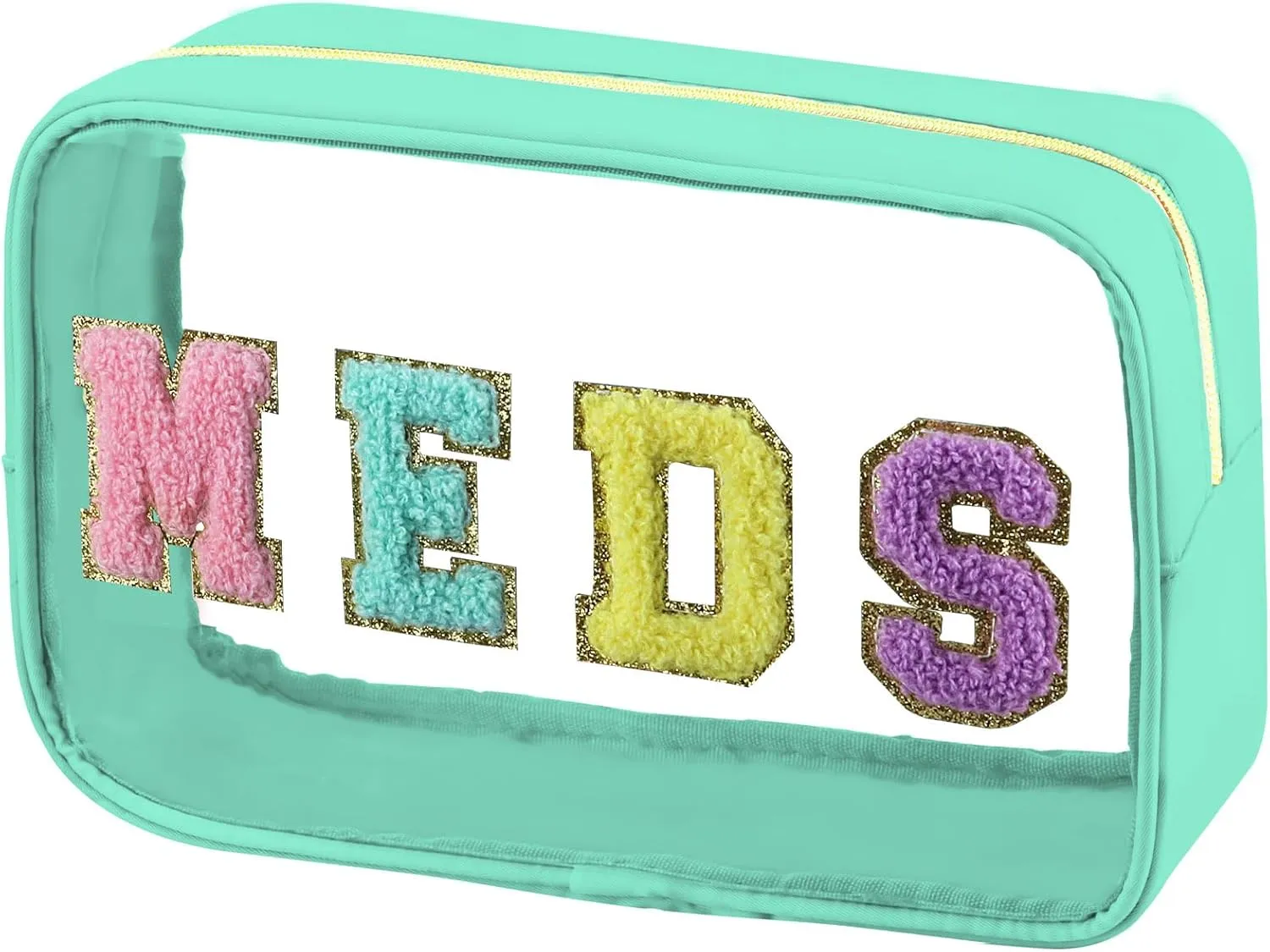 Clear Meds Bag, Chenille Letter PVC Makeup Bag, Portable Preppy Patch With Zipper, Cosmetic Toiletry Travel Storage Medicine for Women Girls, Green