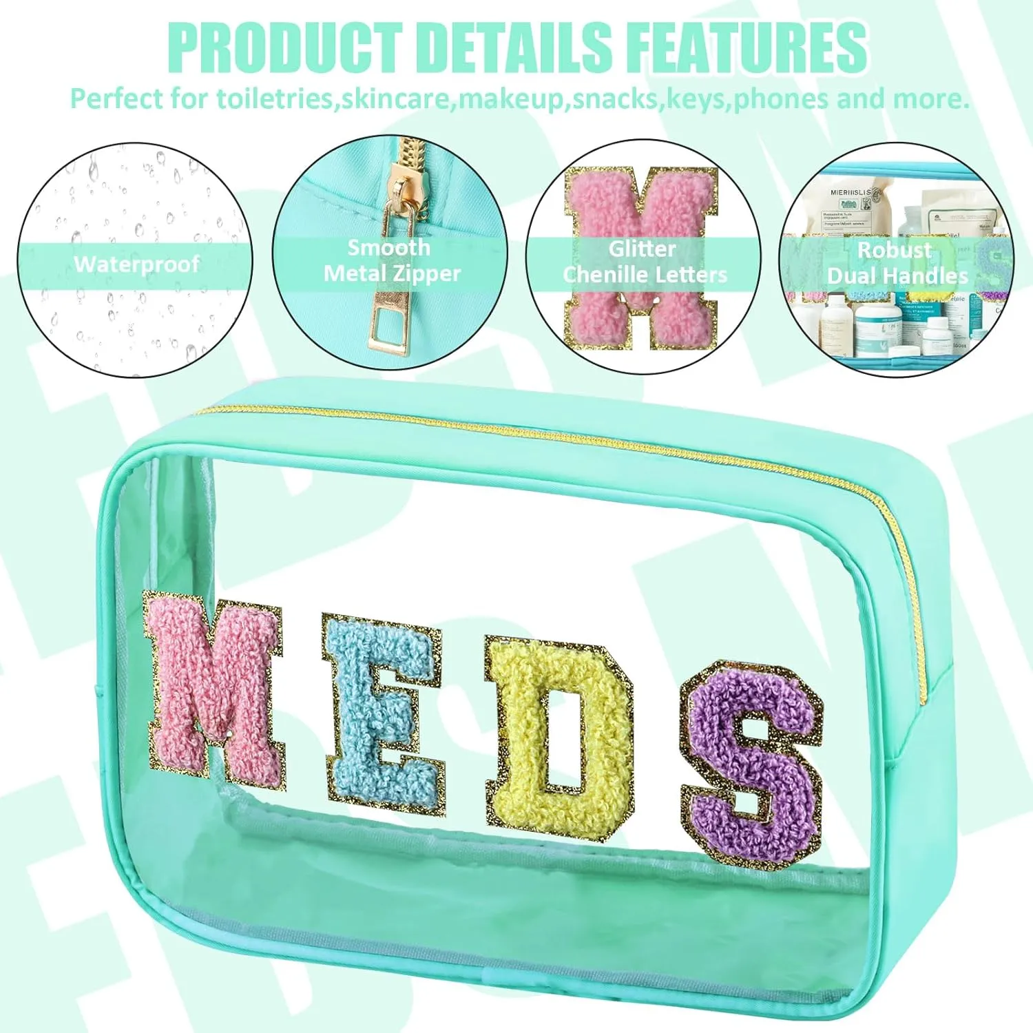 Clear Meds Bag, Chenille Letter PVC Makeup Bag, Portable Preppy Patch With Zipper, Cosmetic Toiletry Travel Storage Medicine for Women Girls, Green